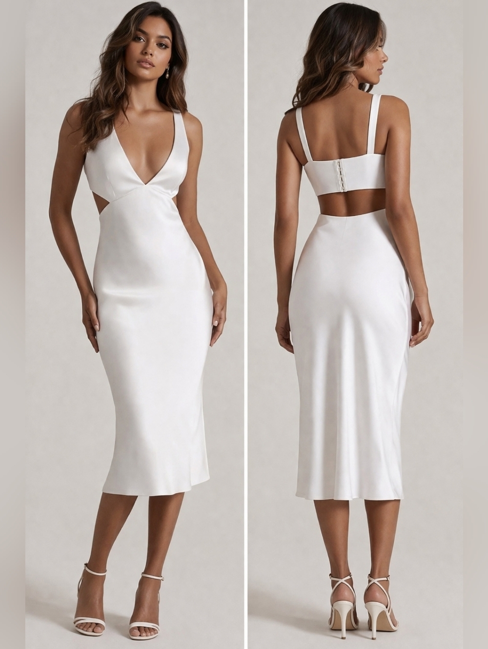 Sachin & Babi Sierra Satin Midi Dress White Cutout V Neck Bridal Wedding Guest 6